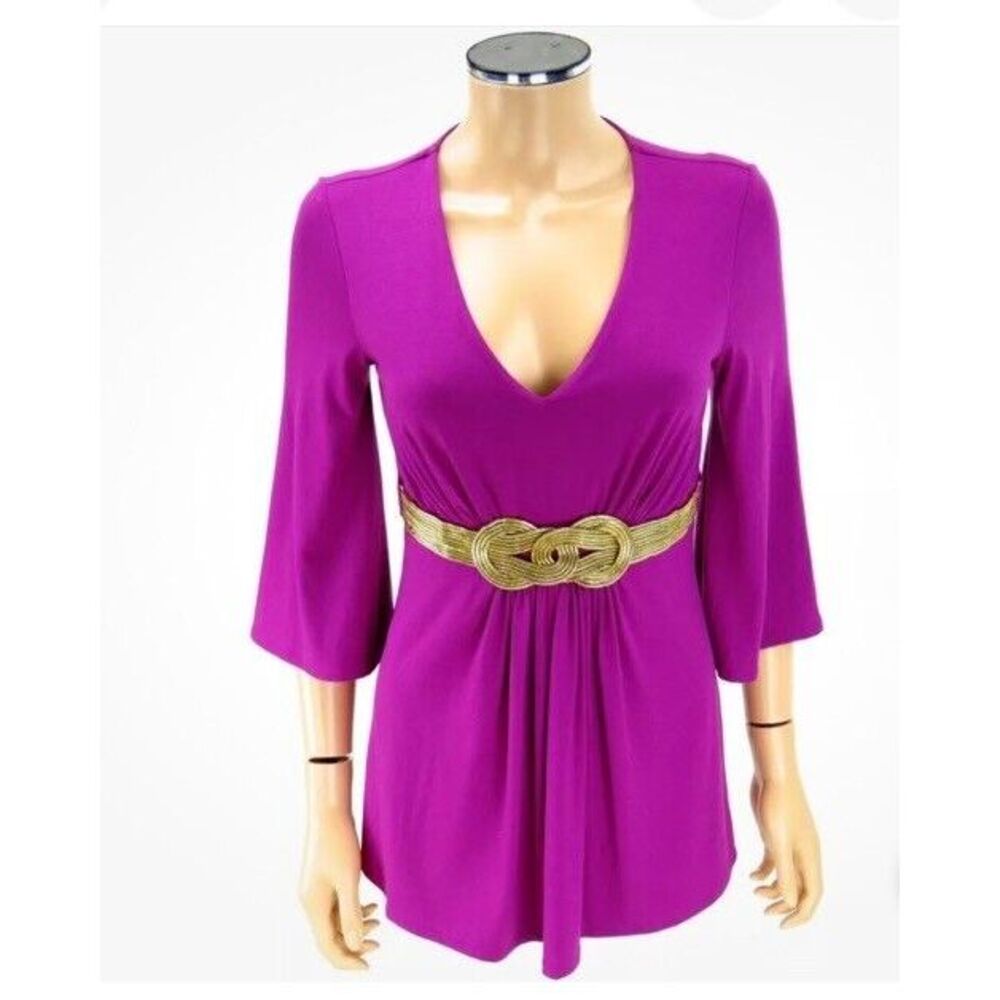 CACHE Top Shirt SIZE  L Magenta Orchid Purple Gold Belt‎ Bell Sleeves